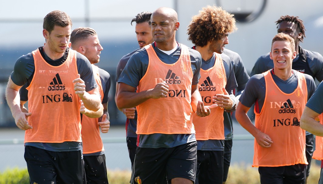 Belgium's Jan Vertonghen and Belgium's Vincent Kompany pictured during a training of Belgian national soccer team Red Devils, Friday 02 June 2017, at the Belgian Football Center in Tubize. Belgium plays a friendly game against Czech Republic on 05 June and a World Cup 2018 qualifier in Estonia. BELGA PHOTO BRUNO FAHY