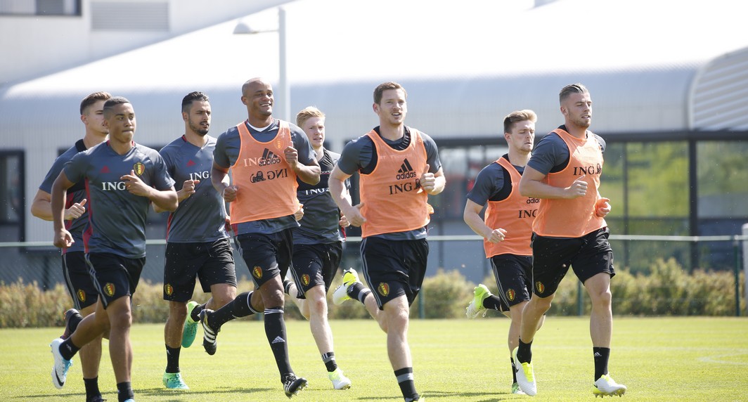 Belgium's Youri Tielemans, Belgium's Nacer Chadli, Belgium's Vincent Kompany, Belgium's Jan Vertonghen, Belgium's Thomas Foket and Belgium's Toby Alderweireld pictured during a training of Belgian national soccer team Red Devils, Friday 02 June 2017, at the Belgian Football Center in Tubize. Belgium plays a friendly game against Czech Republic on 05 June and a World Cup 2018 qualifier in Estonia. BELGA PHOTO BRUNO FAHY