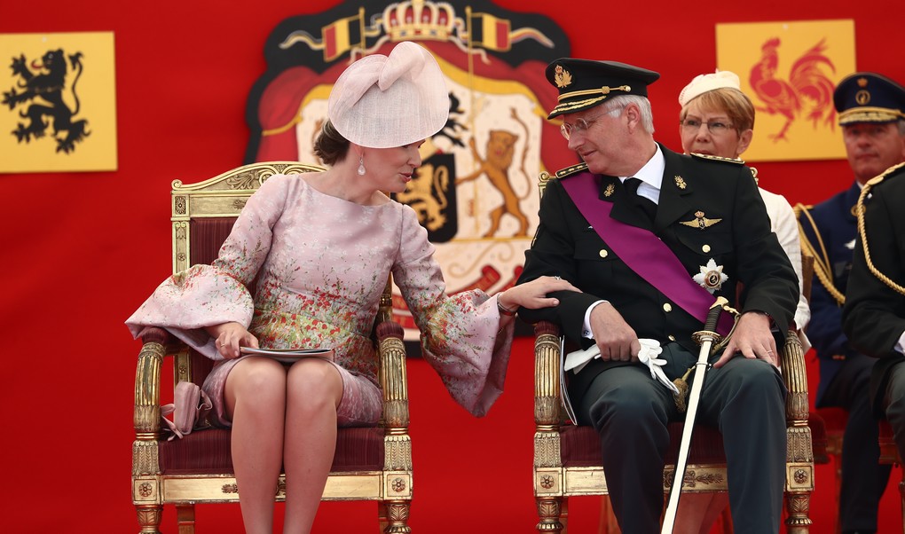 Queen Mathilde of Belgium and King Philippe - Filip of Belgium pictured at the start of the military parade on the Belgian National Day, in Brussels, . BELGA PHOTO KURT DESPLENTER