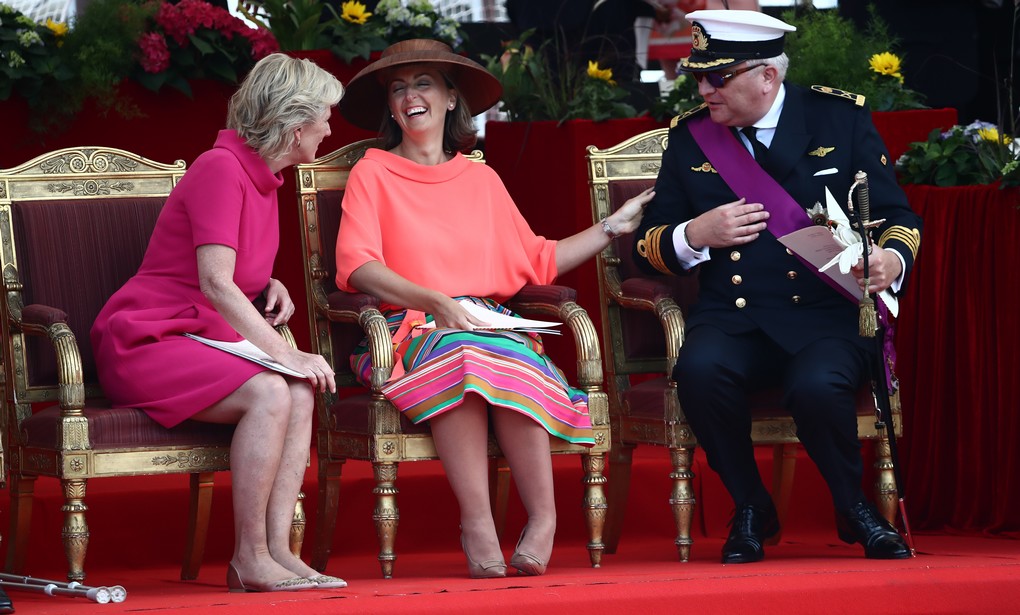 Princess Astrid of Belgium, Princess Claire of Belgium and Prince Laurent of Belgium pictured at the start of the military parade on the Belgian National Day, in Brussels, . BELGA PHOTO KURT DESPLENTER