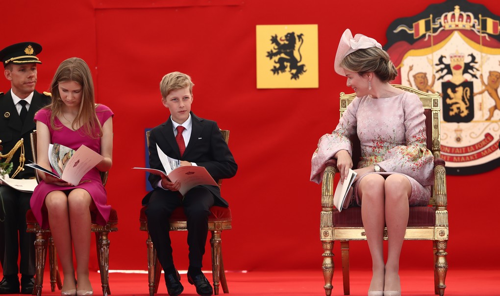 Crown Princess Elisabeth, Prince Gabriel and Queen Mathilde of Belgium pictured at the start of the military parade on the Belgian National Day, in Brussels, . BELGA PHOTO KURT DESPLENTER