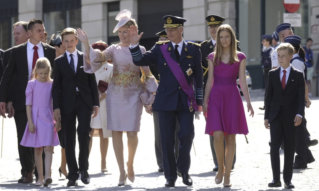 Princess Eleonore, Prince Gabriel, Queen Mathilde of Belgium, King Philippe - Filip of Belgium, Crown Princess Elisabeth and Prince Emmanuel pictured during the Te Deum mass, on the occasion of Today's Belgian National Day, at the Saint Michael and St Gudula Cathedral (Cathedrale des Saints Michel et Gudule / Sint-Michiels- en Sint-Goedele kathedraal) in Brussels, Friday 21 July 2017. BELGA PHOTO NICOLAS MAETERLINCK