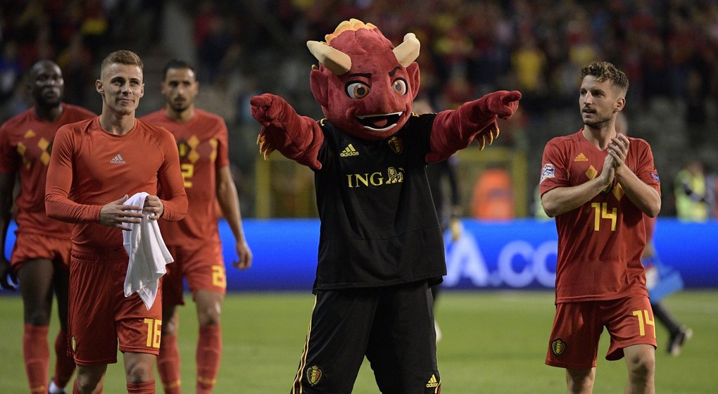 Diables rouges - Thorgan Hazard Dries Mertens - Mascotte - Belgique Suisse - Belga Yorick Jansens