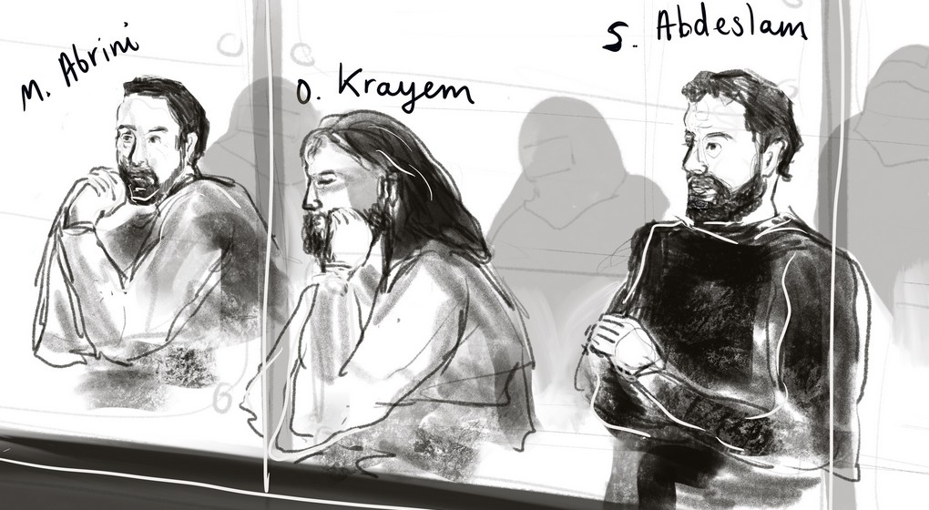 Mohamed Abrini Osama Krayem Salah Abdeslam - Procès Attentat de Bruxelles 22 mars 2016 - Belga Janne Van Woensel Kooy