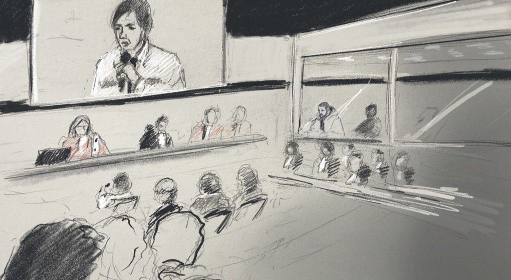 Procès Attentats 22 mars 2016 Bruxelles - Dessin Belga Jonathan De Cesare