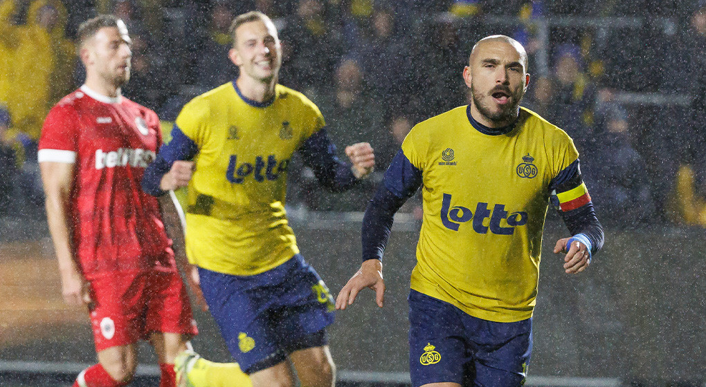 L'unioniste Teddy Teuma célèbre après avoir marqué contre l'Antwerp - Source : Belga Image/Kurt Desplenter