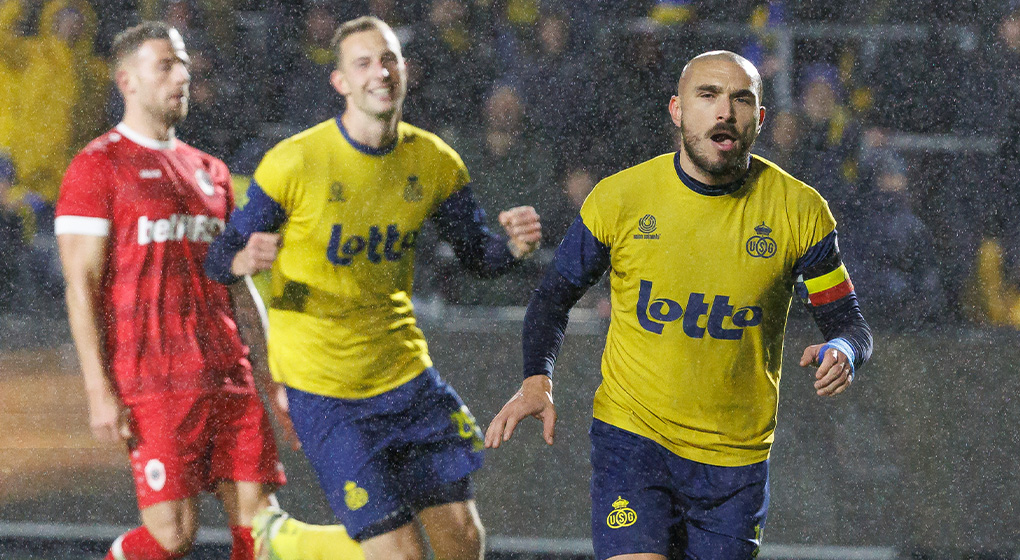 L'unioniste Teddy Teuma célèbre après avoir marqué contre l'Antwerp - Source : Belga Image/Kurt Desplenter