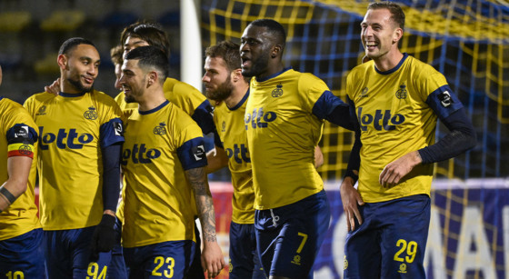 Union's Cameron Puertas Castro, Union's Victor Boniface and Union's Gustaf Nilsson celebrate after scoring during a soccer match between Royale Union Saint-Gilloise RUSG and SV Zulte Waregem, Sunday 05 February 2023 in Brussels, on day 24 of the 2022-2023 'Jupiler Pro League' first division of the Belgian championship. BELGA PHOTO LAURIE DIEFFEMBACQ
