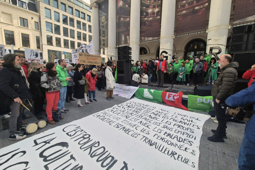 Workers and sympathizers of the cultural sector gather at the Muntplein - Place de la Monnaie square in Brussels for an action during a national strike of socialist trade union FGTB/ABVV and Christian union CSC/ACV, Monday 31 March 2025. The strike is part of a national day of action to protest against the austerity and pension reforms of the federal government.
BELGA PHOTO TIMON RAMBOER