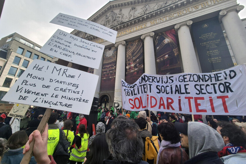 Workers and sympathizers of the cultural sector gather at the Muntplein - Place de la Monnaie square in Brussels for an action during a national strike of socialist trade union FGTB/ABVV and Christian union CSC/ACV, Monday 31 March 2025. The strike is part of a national day of action to protest against the austerity and pension reforms of the federal government.
BELGA PHOTO TIMON RAMBOER
