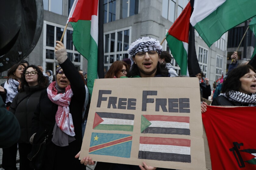 A national demonstration '#FreePalestina' in solidarity with the Palestinian people, Sunday 16 November 2025, in Brussels. Protesters consider the march necessary to 'maintain pressure on Israel' and demand an end to the alleged complicity of European member states, institutions, and companies.
BELGA PHOTO NICOLAS MAETERLINCK