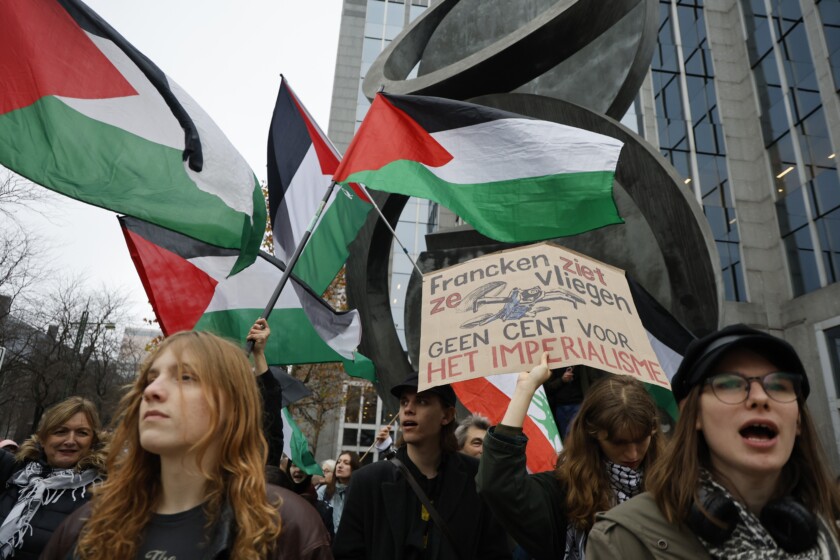 A national demonstration '#FreePalestina' in solidarity with the Palestinian people, Sunday 16 November 2025, in Brussels. Protesters consider the march necessary to 'maintain pressure on Israel' and demand an end to the alleged complicity of European member states, institutions, and companies.
BELGA PHOTO NICOLAS MAETERLINCK